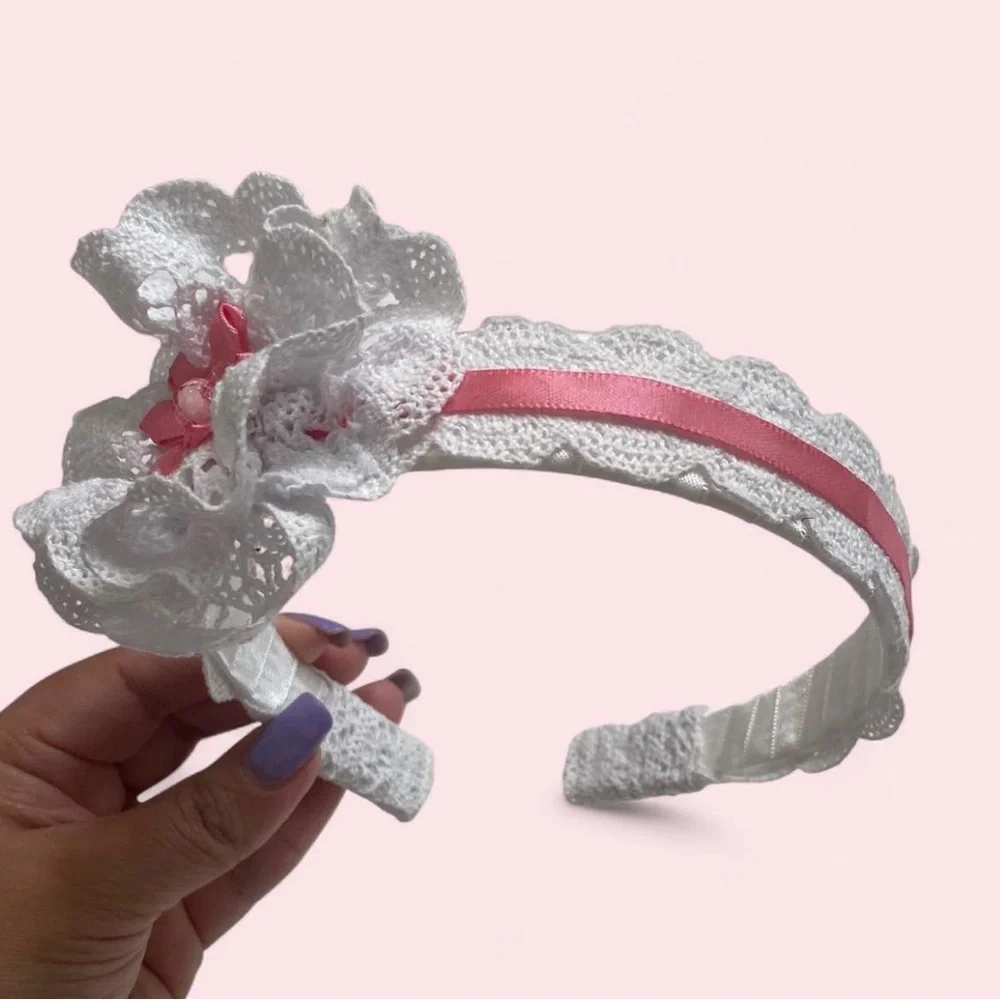 Hand Crafted White and Pink Lace Headband